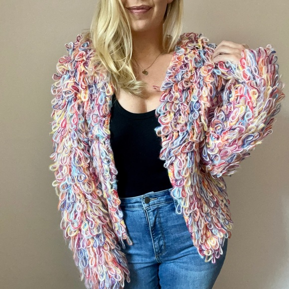 🏷️ SOLD Hayden Multi Color Fringe Yarn Loop Sweater Jacket - Picture 3 of 16